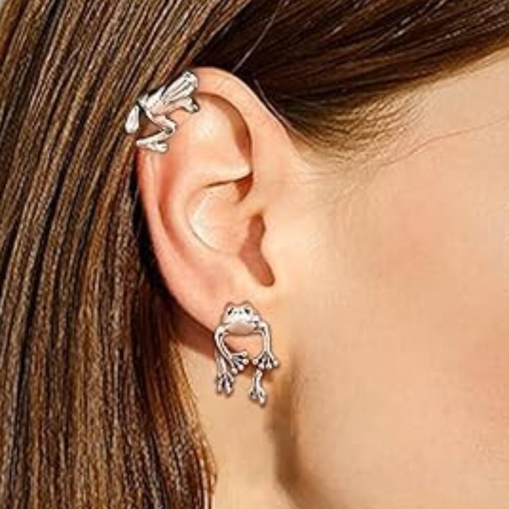 SET 2 PAIRS of Silver Plated or Gold Plated FROG Earrings PLUS Ear Cuffs